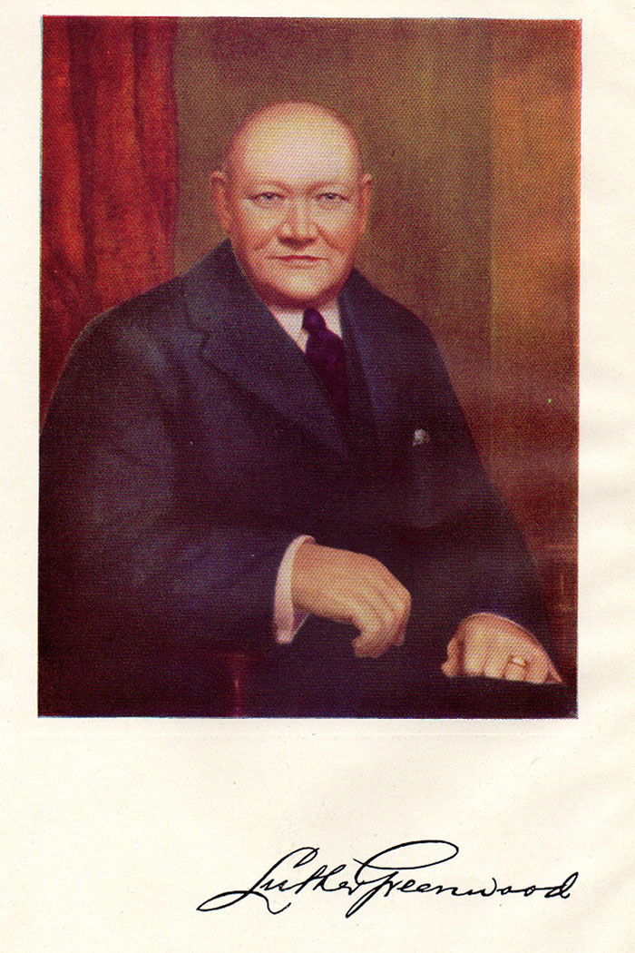 An ‘In Memoriam’ card printed for Luther Greenwood’s funeral in 1946, featuring an oil portrait painted by Thomas Land, who succeeded him as Orpheus conductor and was equally a man of many talents